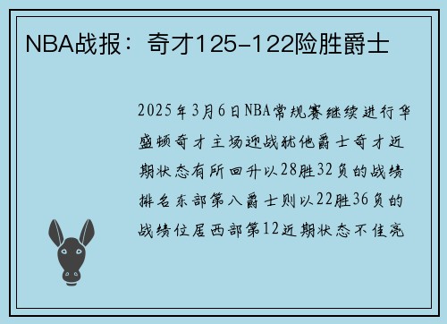NBA战报：奇才125-122险胜爵士