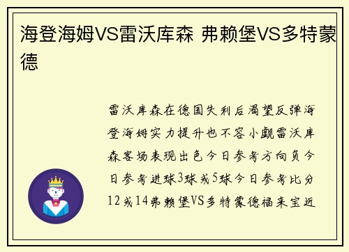 海登海姆VS雷沃库森 弗赖堡VS多特蒙德