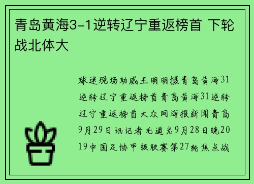 青岛黄海3-1逆转辽宁重返榜首 下轮战北体大